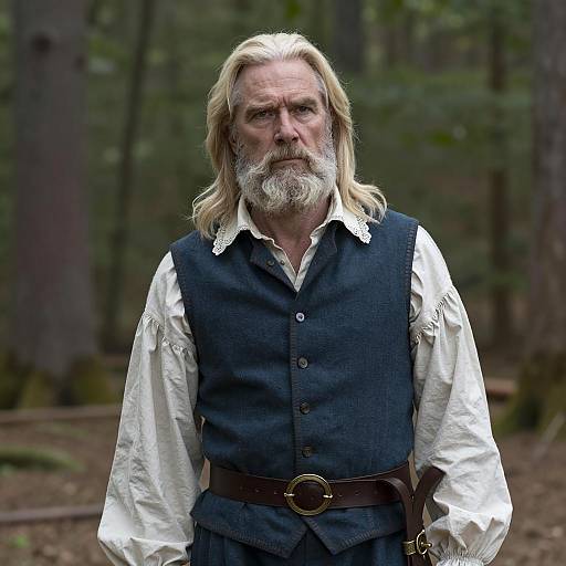 Older Man in Historical Costume Standing in Forest