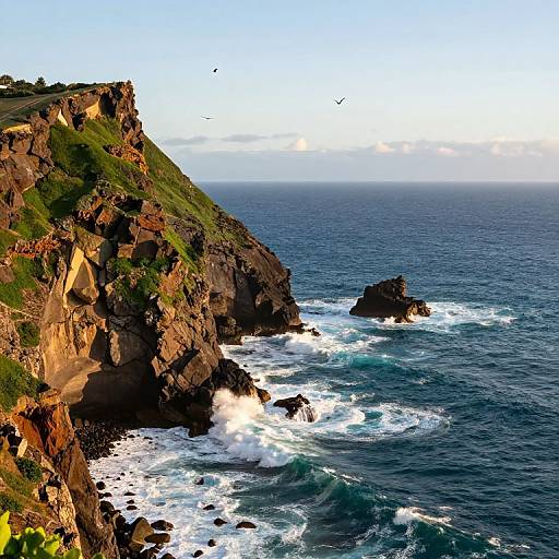 Photograph of a rugged coastal cliff with green grass, rocky outcrops, and crashing ocean waves under a clear, blue sky.