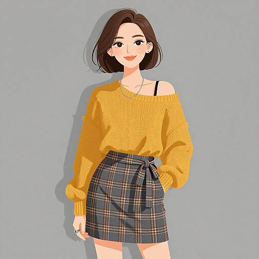 Digital illustration of a smiling woman with short brown hair, wearing a yellow off-shoulder sweater, black bra strap visible, and a high-wa
