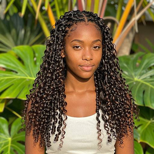 Photograph of a young Black woman with long, curly black hair, wearing a white tank top, standing against a lush, green tropical background with large