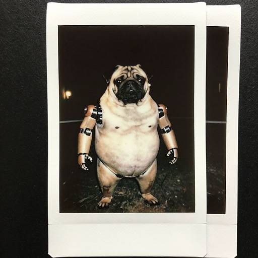 Photograph of a pug with robotic arms and legs, standing against a dark background, framed by a white border.