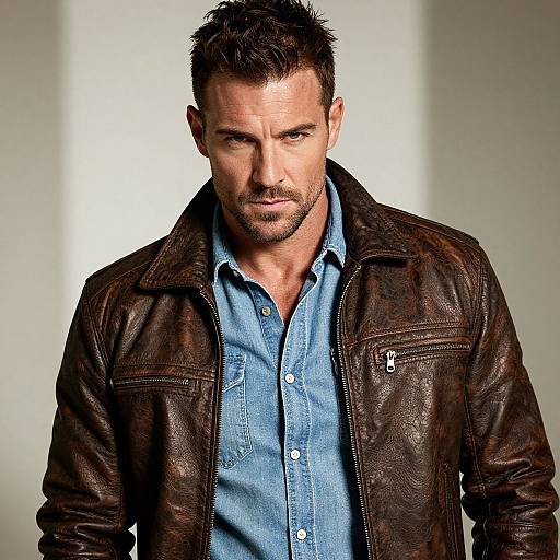Confident Rugged Man in Leather Jacket