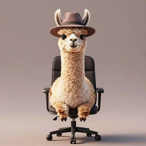 Photorealistic CGI of a fluffy, beige alpaca with a brown hat, seated in a black office chair against a gray background.
