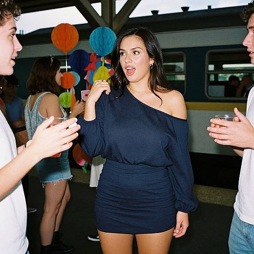Photograph of a dark-haired woman in a black off-shoulder dress, holding a balloon, standing at a party by a train station, talking