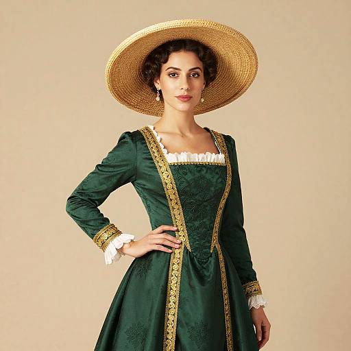 Photograph of a woman in a Victorian-style green dress with gold trim, white lace cuffs, and a large straw hat, standing against a plain beige