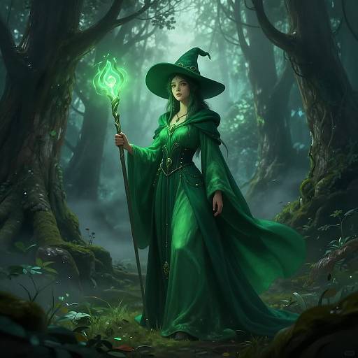 Mystical Forest Sorceress in Emerald Robes