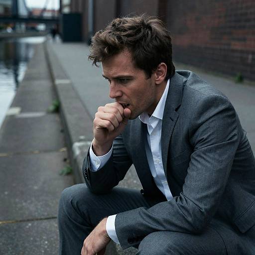 Focused Man in Gray Suit by Canal