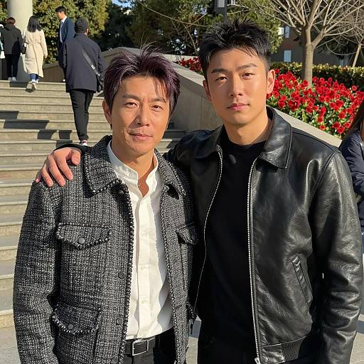 Two men posing outdoors on sunny day