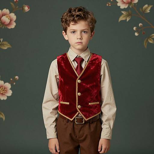Boy in Vintage Outfit with Red Velvet Vest