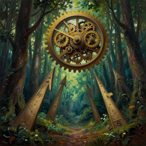 Digital fantasy artwork: Steampunk clock gear in a dense, mystical forest, supported by three tall, arrow-pointed wooden beams, dappled