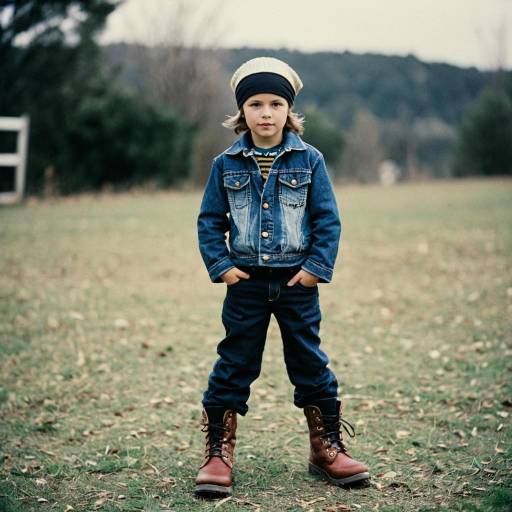 Boy in Denim Outfit and Boots Outdoors
