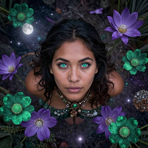 Photograph of a young woman with bright blue eyes, curly dark hair, and a necklace, surrounded by vibrant purple and green flowers, under a star