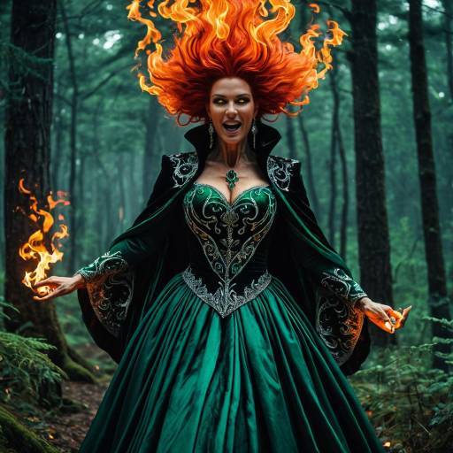Sorceress with Flaming Red Hair in Enchanted Forest