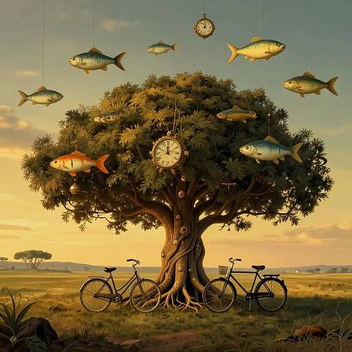 Photograph-style digital artwork of a surreal tree with fish and clocks, a black bicycle at its base, set against a golden sunset landscape.