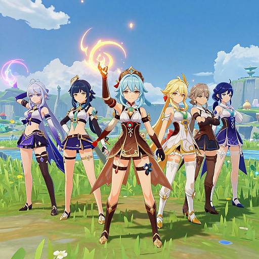 Digital anime-style illustration of five female characters with vibrant outfits, standing in a grassy field with a bright blue sky. Central character holds a glowing orb