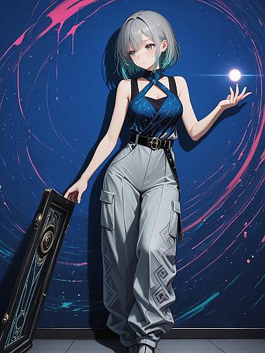 Chic Anime Woman in Geometric Jumpsuit