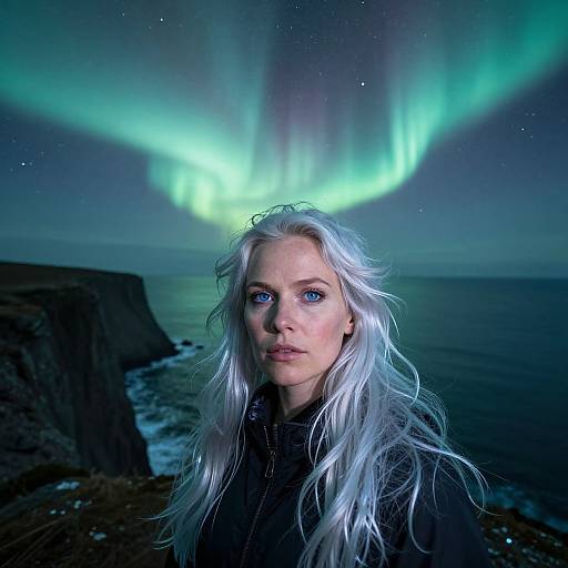 Photograph of a pale-skinned woman with long white hair, blue eyes, and black coat, standing against a night sea backdrop with vibrant green Northern