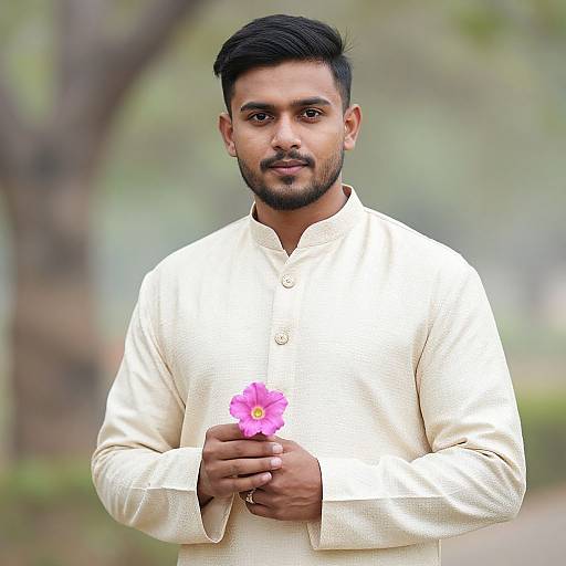 Photograph of a handsome Indian man with short black hair, beard, wearing a cream traditional kurta, holding a pink flower, standing outdoors with blurred