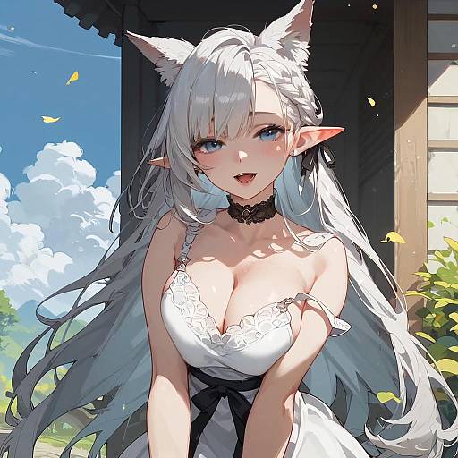 Anime Girl with Wolf Ears in White Dress