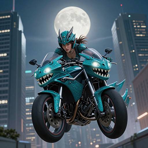 Digital artwork of a fierce, armored woman with a dragon helmet riding a neon-blue, shark-mouthed motorcycle under a full moon in a futuristic cityscape
