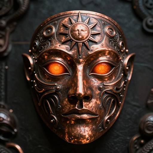 Photograph of an intricately detailed, bronze, ancient-style mask with glowing orange eyes, sun motif on forehead, and ornate patterns, set against