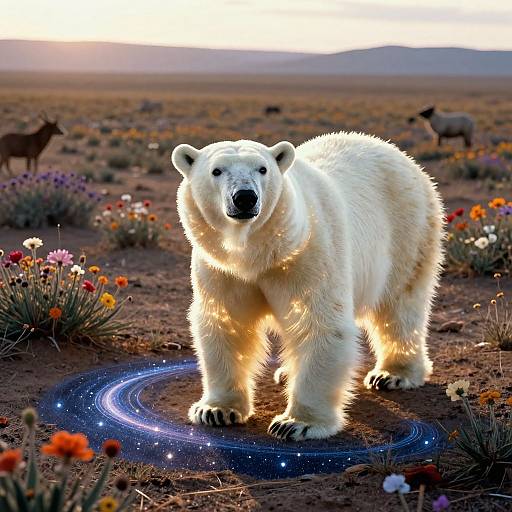 Photograph of a large, white polar bear standing on a glowing, starry trail in a colorful desert landscape with wildflowers and distant animals.
