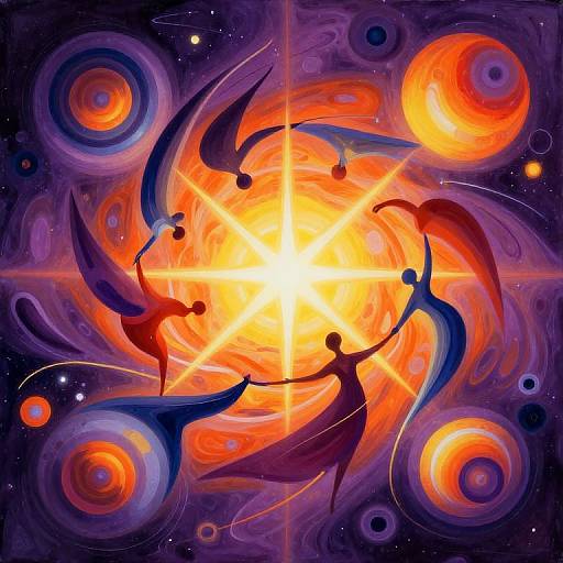 Abstract digital art featuring four silhouetted dancers in a cosmic swirl, surrounded by vibrant orange and red spheres against a dark purple background, creating a