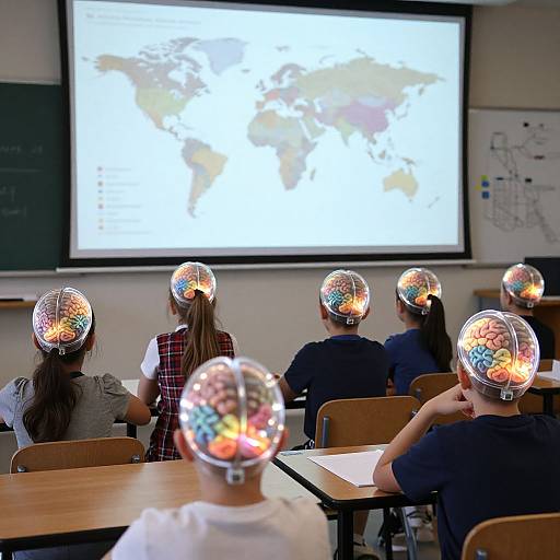 Photograph of a classroom with seven students wearing colorful, reflective, spherical helmets, sitting at desks, facing a large, bright projector screen displaying a world