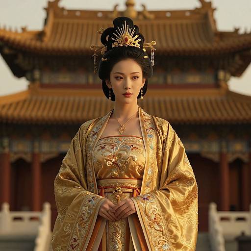 Photorealistic portrait of a traditional East Asian woman in an elaborate gold embroidered kimono with intricate floral patterns, standing in front of a ornate,