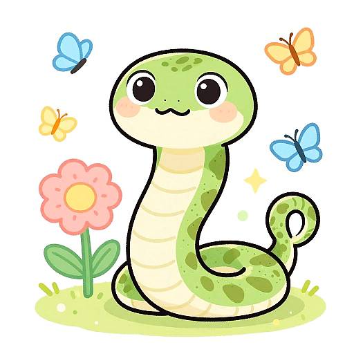 Cute digital drawing of a green, smiling snake with big eyes, blushing cheeks, surrounded by colorful butterflies and a pink flower.