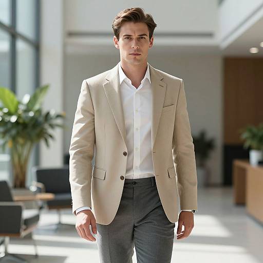 Photograph of a handsome man with light skin and dark brown hair, wearing a beige blazer, white shirt, and gray pants, walking in a