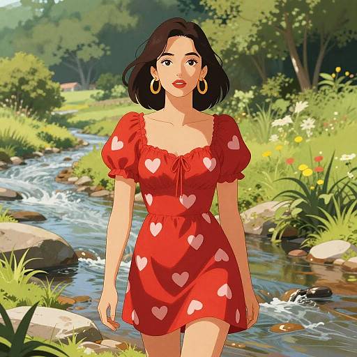 Woman in Red Heart Dress by Stream