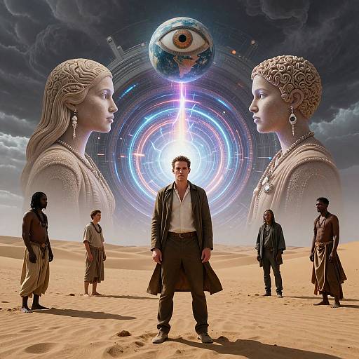 Photorealistic digital art: Man in suit stands in desert, flanked by giant ethereal faces, with glowing eye and cosmic rings backdrop, surrounded