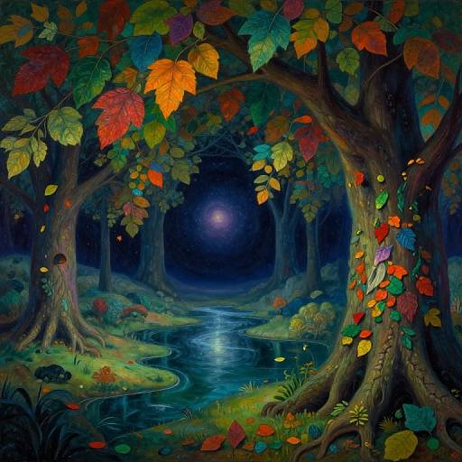 Digital painting of a moonlit forest with vibrant autumn leaves, curved tree trunks, a reflective stream, and glowing fireflies.