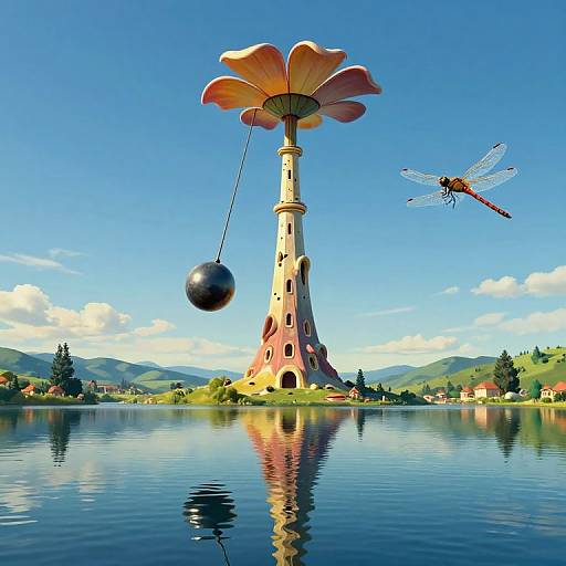 Whimsical digital artwork of a flower-shaped tower with a dangling black orb, beside a dragonfly, reflecting on a calm lake.
