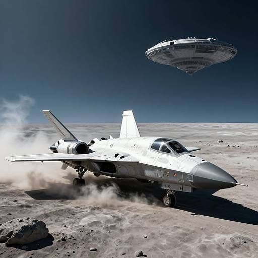 Photograph of a white military jet taking off from a rocky desert, with a UFO hovering in the dark blue sky above. Dust clouds rise from the