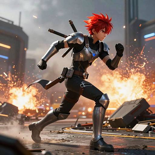 CGI anime-style image of a red-haired, armored warrior with swords on back, running through a fiery, explosive urban battlefield.