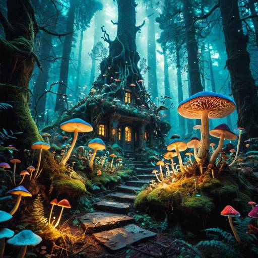 Mystical Forest with Glowing Magic Mushrooms and Enchanted Treehouse