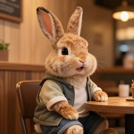 Cheerful Anthropomorphic Rabbit in Café
