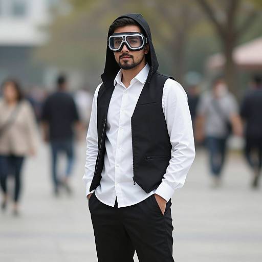 Photograph of a bearded man with medium brown skin, black hoodie, white shirt, black vest, and oversized white sunglasses, standing confidently in a