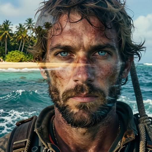Photograph of a bearded, wet-haired man with intense blue eyes, reflection of palm trees and ocean waves on his face, standing on a tropical