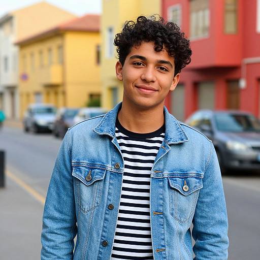 Photograph of a young man with curly black hair, medium skin tone, wearing a blue denim jacket over a black-and-white striped shirt, standing on