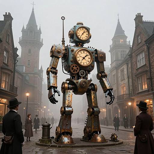 Steampunk Clockwork Robot in Victorian City