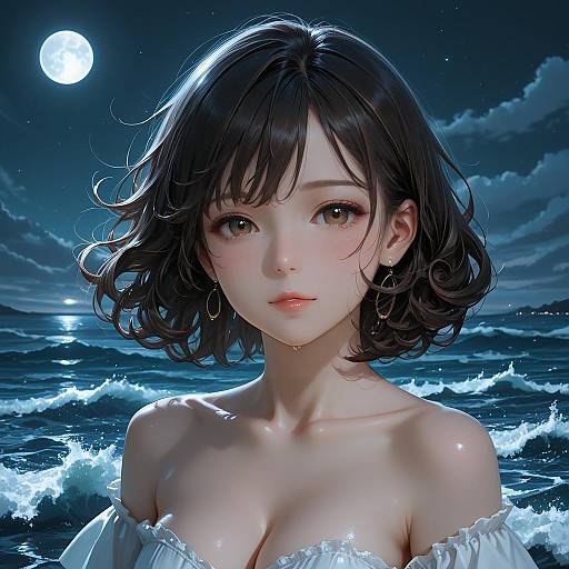 Young Woman by Moonlit Ocean