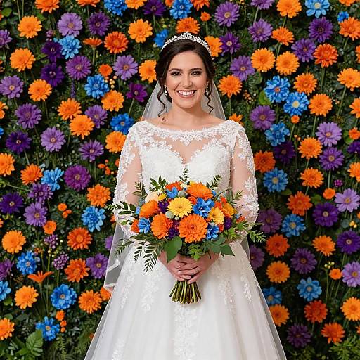 Photograph of a smiling bride in a white lace wedding dress, holding an orange and blue flower bouquet, standing in a vibrant garden of orange and purple