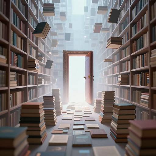 Photorealistic digital artwork of a library aisle with floating books, stacked on the floor, leading to a bright, glowing doorway.