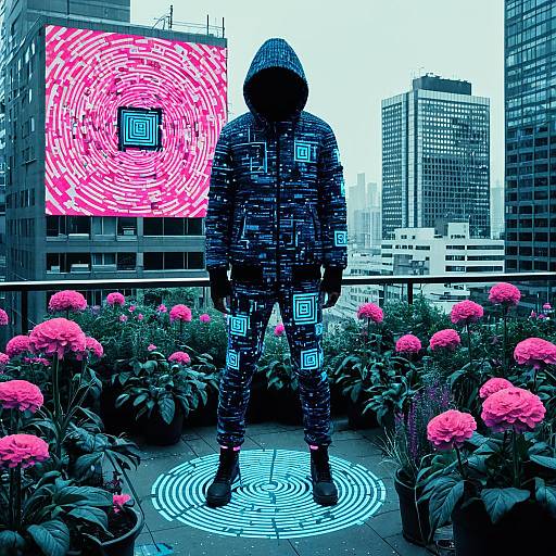 Cyberpunk Hacker on Rooftop Garden