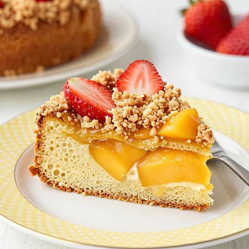 Photograph of a slice of peach cake with crumb topping, strawberry slice, and yellow peaches on a white plate. Background includes blurred cake and