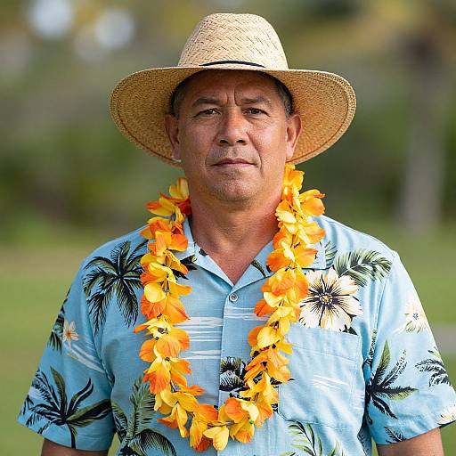 Man in Hawaiian Shirt and Lei