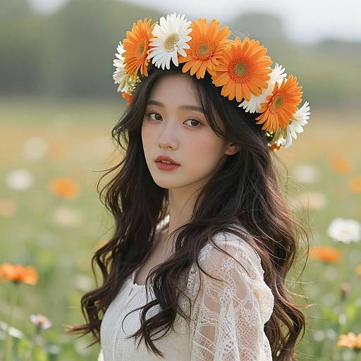 Photograph of an East Asian woman with long black hair, wearing a white lace dress and an orange-white flower crown, standing in a sunlit field